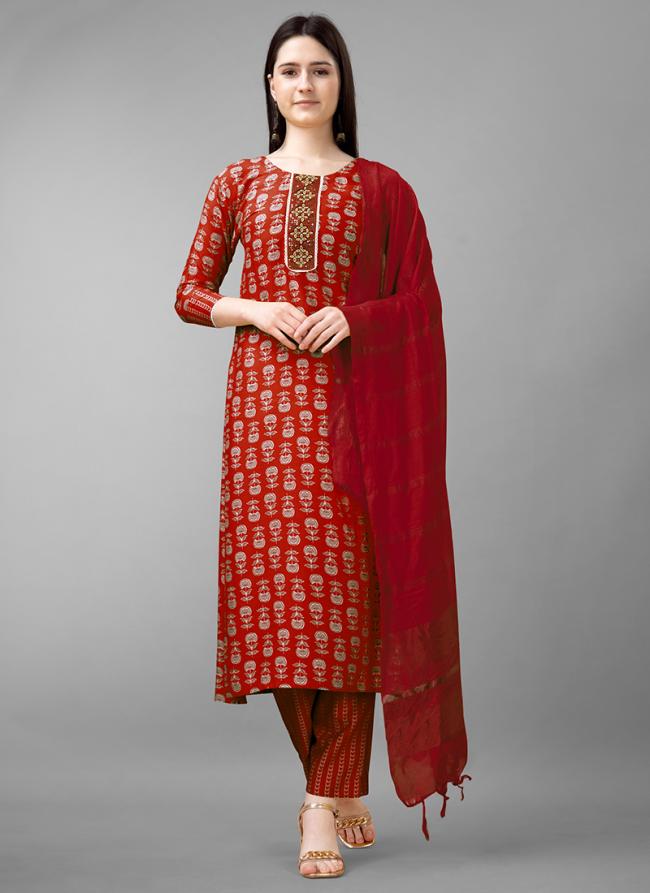 Rayon Red Casual Wear Embroidery Work Readymade Salwar Suit